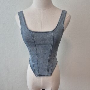 Shein Square Neck Sleeveless Denim Top Zip Up Back Asymmetrical Hem Sz XS